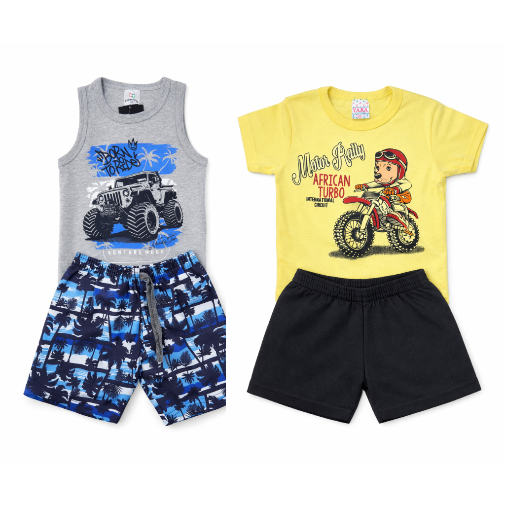 Kit 2 Conjuntos Infantil Masculino Roupa de Menino Verão Camiseta ou Regata + Shorts Estampado Confortável Promoção
