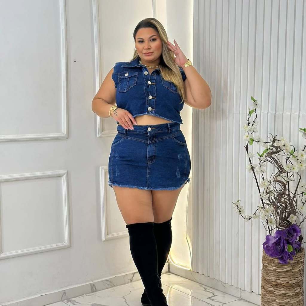 Conjunto Jeans Shortsaia + Cropped Colete Premium Com Lycra Plus Size Ref:2543