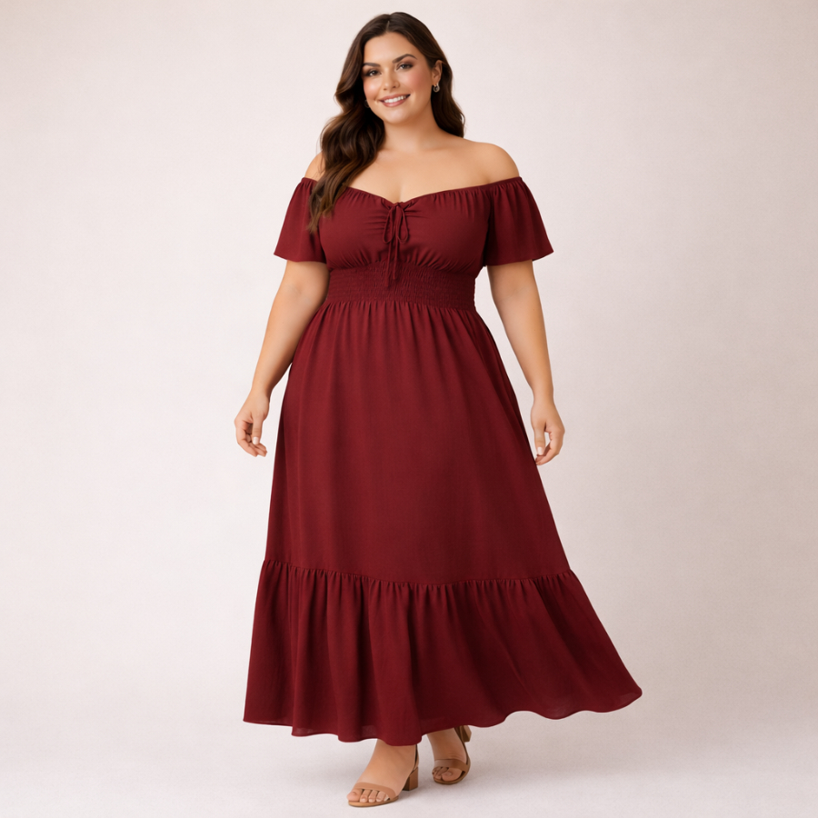 Vestido Longo Plus Size Ombro a Ombro com Lastex Elegante G2 ao G5 – Marsala Preto Azul Royal Telha em Oferta na Shopee