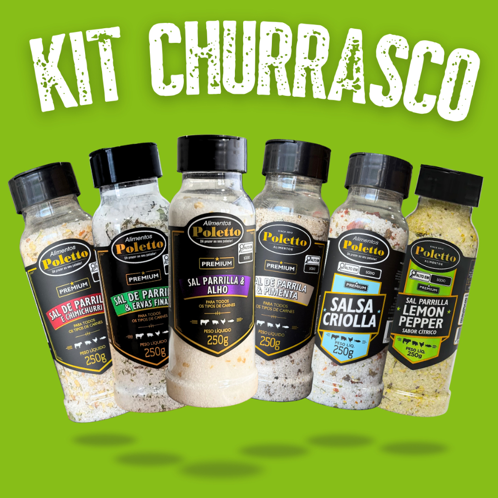 KIT 6 SAIS PARRILLA POLETTO 250g ALHO,CHIMICHURRI,ERVAS FINAS,SALSA CRIOLA,COM PIMENTA E LEMON PEPPER