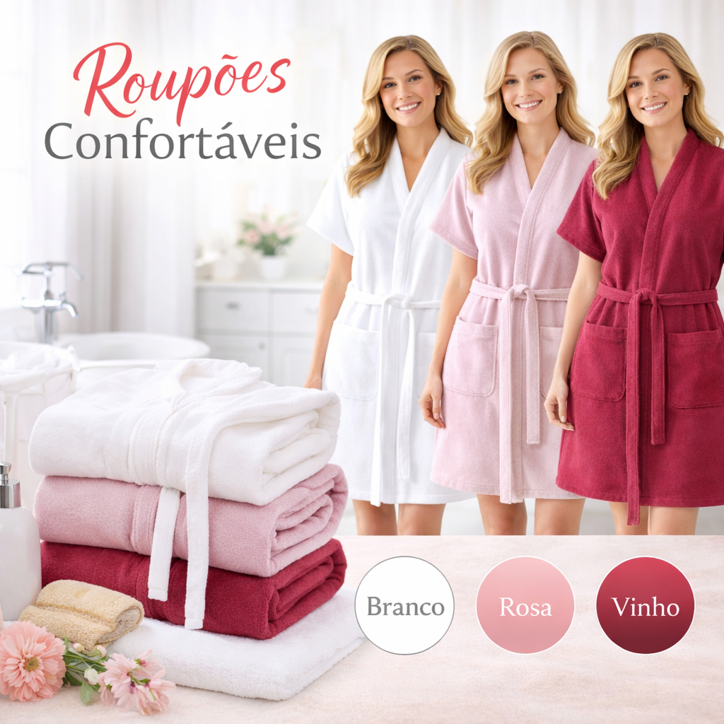 Roupão de Banho Feminino Dohler Fiore 100% Algodão 280g/m², Toque Aveludado e Macio, Absorção Premium