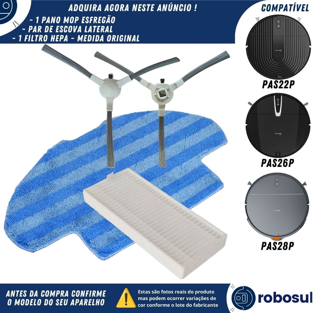 Escova Lateral Filtro Hepa Refil Pano Mop Para Robô Aspirador COMPATÍVEL-PHILCO PAS22 PAS26P PAS28P