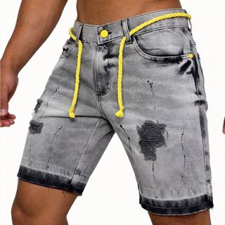 Bermuda Jeans Buraco Homem Desenho Respingos Tinta Tecidos Alta Qualidade Shorts Jeans Casuais