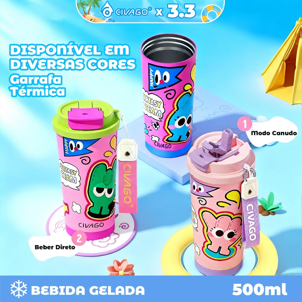 CIVAGO Copo Térmico 500ml com Alça de Tecido e Estampa Fofa Garrafa Térmica Fashion Antivazamento 12h Quente/24h Frio em Oferta na Shopee