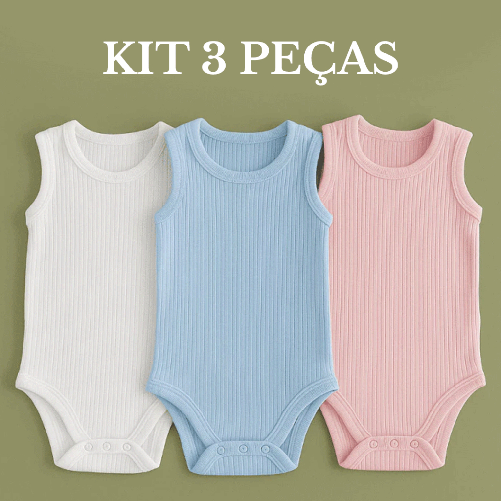 Kit 3 Body Regata Bebê Malha Canelada Premium Verão 100% Algodão RN Menina e Menino Bodie Sem Manga