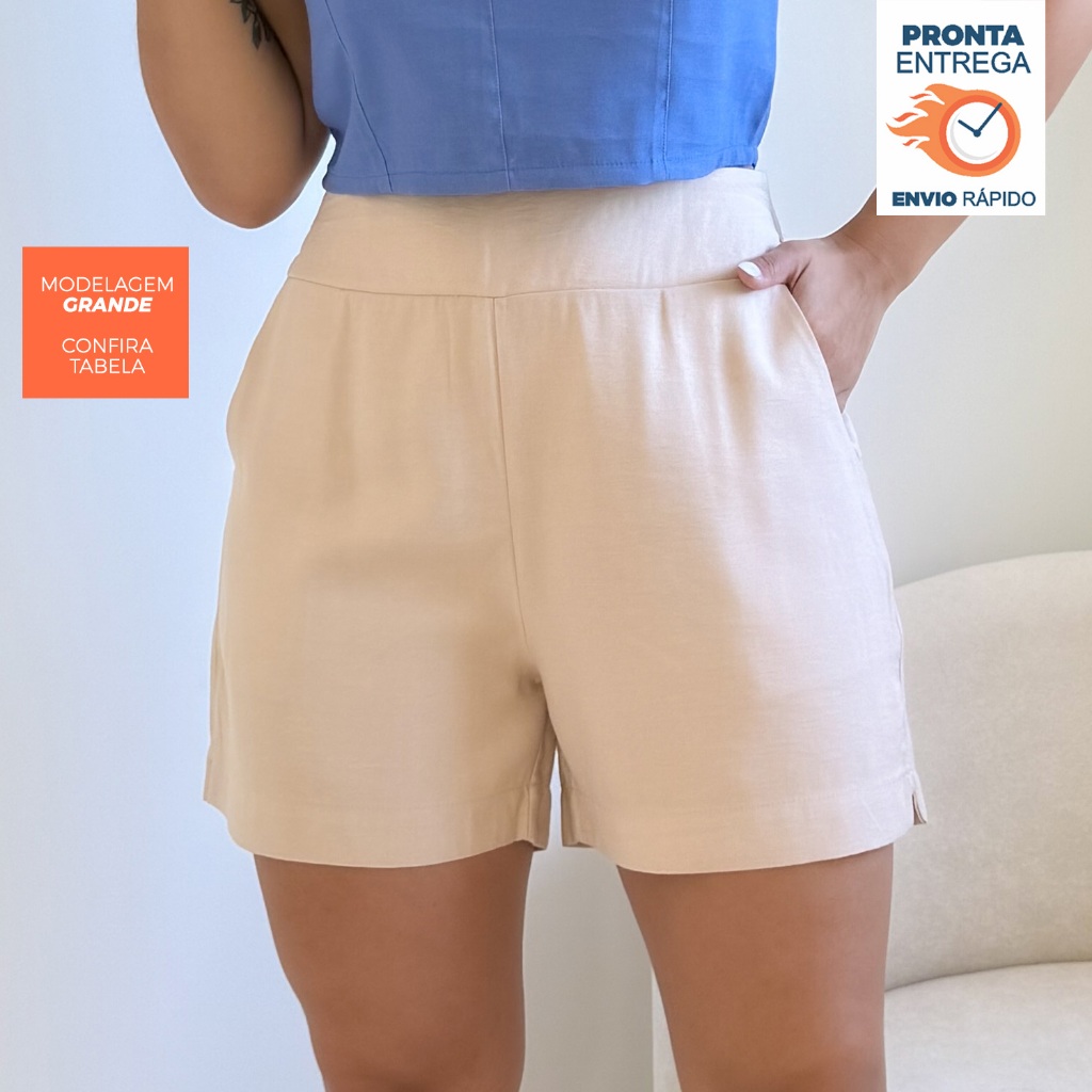 Short Alfaiataria Feminino Social Elegante Cintura Alta com Elástico e Bolso Faca em Oferta na Shopee