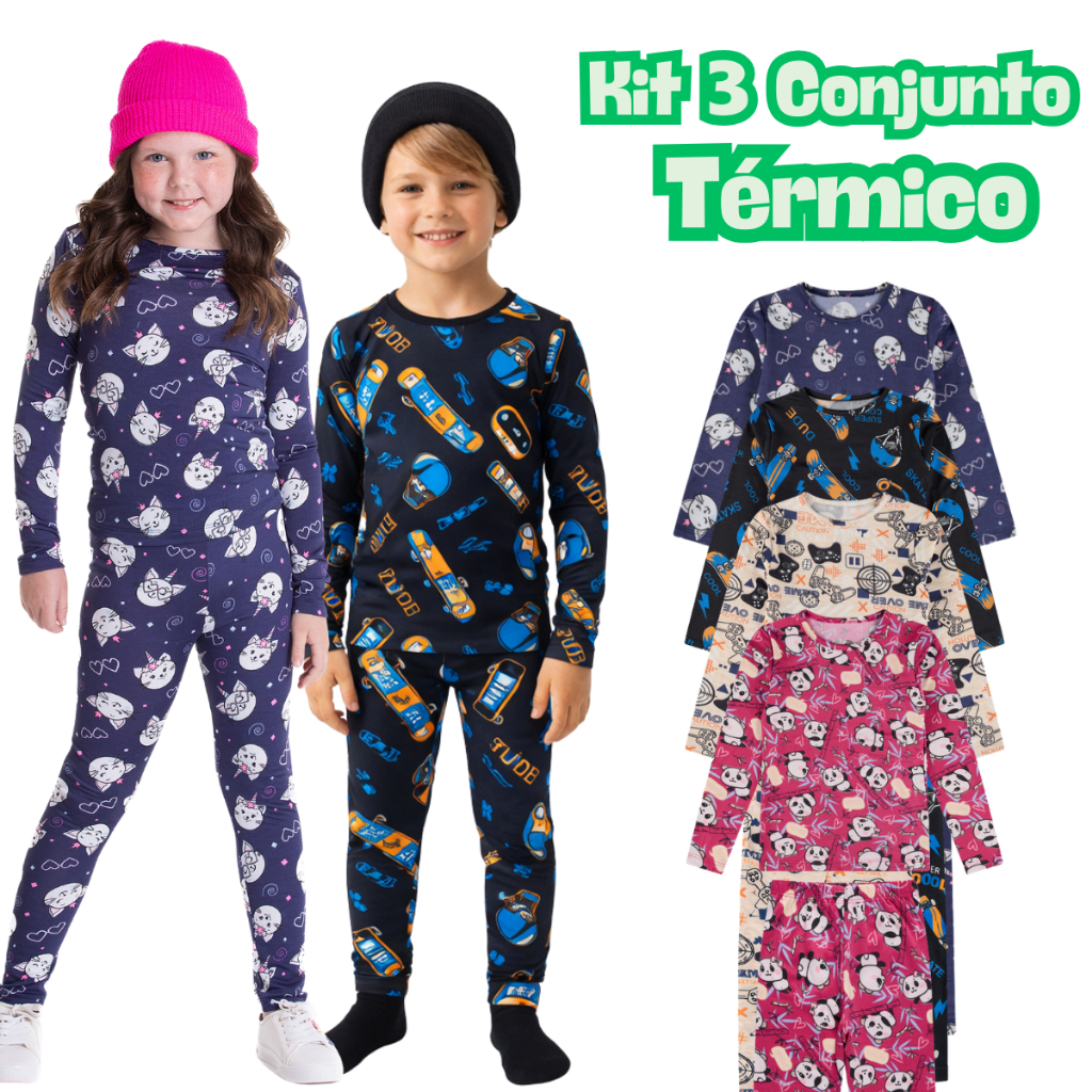 Kit 3 Conjunto Pijama Estampado Sortido Térmica Segunda Pele Infantil Menina Menino Tamanho 1 ao 16