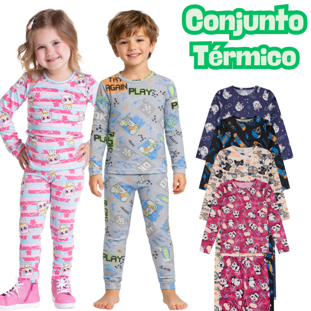 Conjunto Pijamas Blusa Calça Estampado Sortido Térmica Segunda Pele Infantil Menina Tamanho 1 ao 16