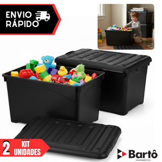Kit 02 Unidades Caixa Organizadora 95 Litros Preta Injeplastec 95 Litros Com Travas Rodinhas e Alça em Oferta na Shopee