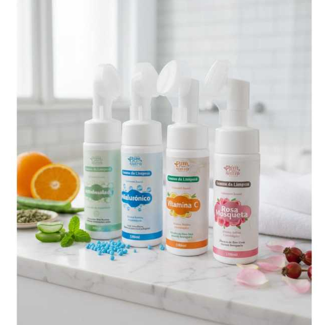 Mousse de Limpeza Facial Espuma Sabonete - Vitamina C, Ácido Hialurônico, Rosa Mosqueta ou Antioleosidade 150ml