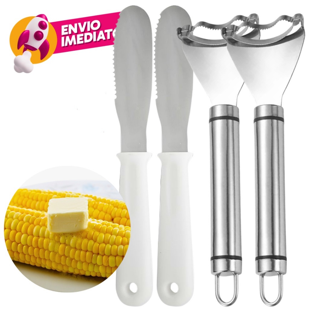 Kit Raspador Debulhador Milho Descascador Inox E Espátula Manteiga Com Serra Cabo Branco