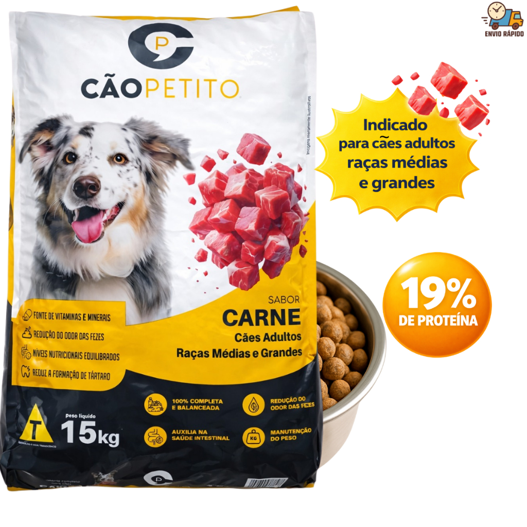 Ração Cão Petito Cães Adultos 15kg Sabor Carne | 19% Proteína | Raças Médias e Grandes