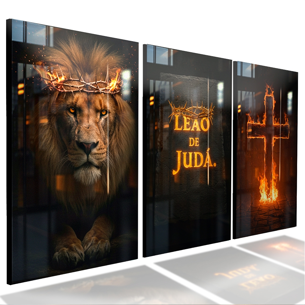 Quadro Decorativo Religioso Leão de Judá Cruz Em Fogo Quarto Sala Escritório Kit 3 Quadros 122x60