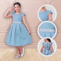 Vestido Infantil Luxo Rodado Menina Festa Midi Cinto Pérola