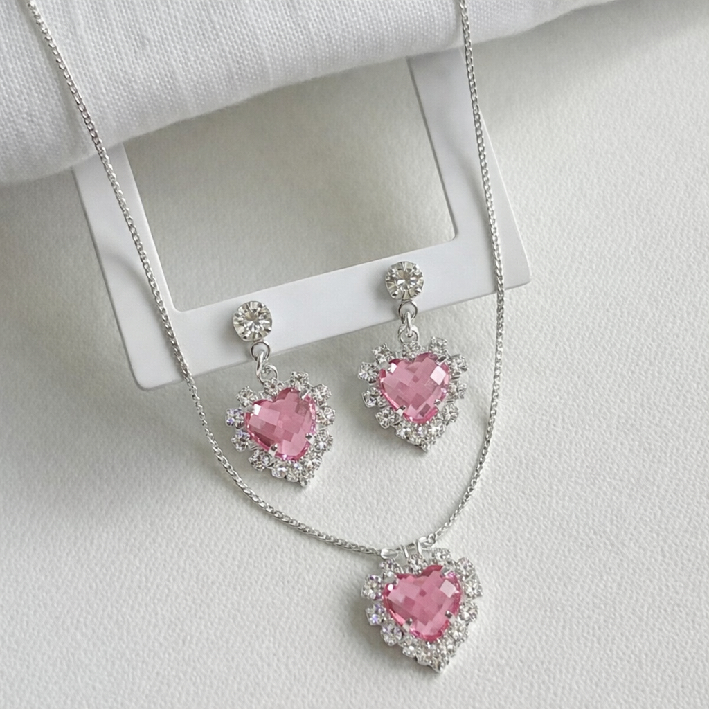 Conjunto Colar e Brincos Coração Rosa com Zircônias Prata 925 – Elegância e Delicadeza em Oferta na Shopee