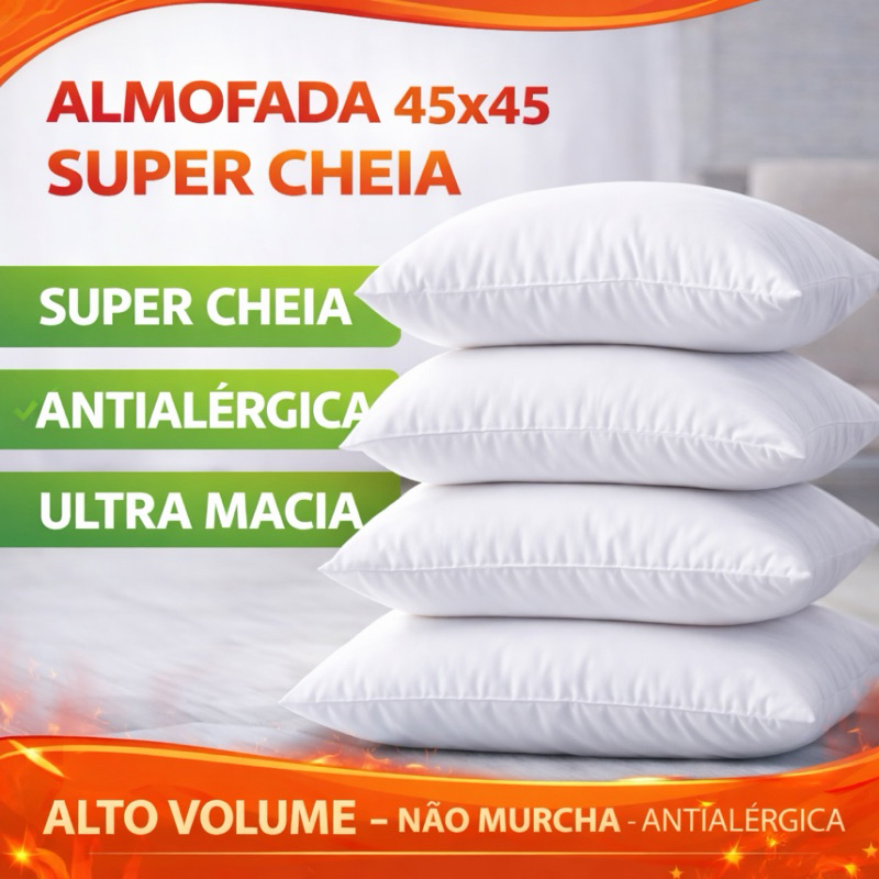 Enchimento Almofada 45x45cm Super Cheia Alto Volume Antialérgica Macia Refil Kit até 6 Envio Full