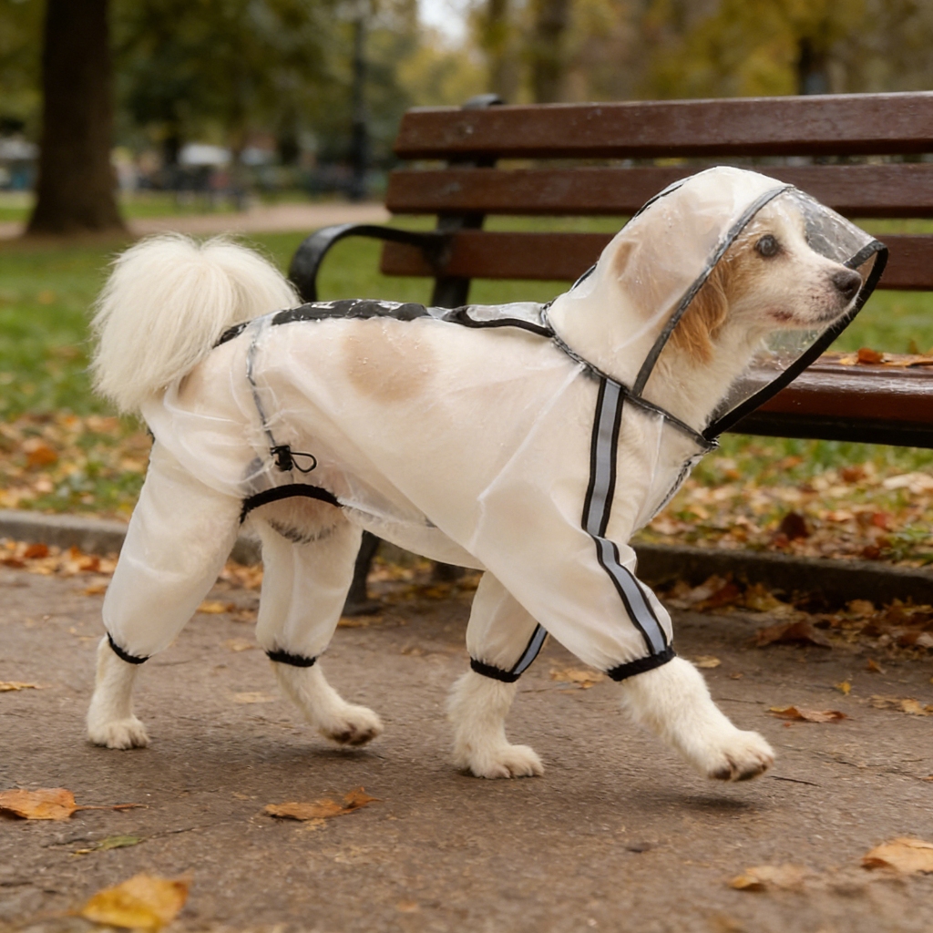 Capa de chuva transparente e impermeável para cães, com capuz—para cães de pequeno a médio porte