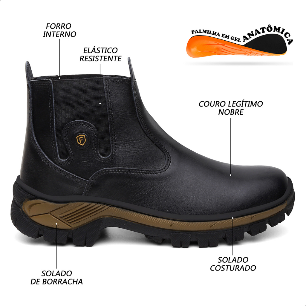Botina Trabalho Masculina com Solado Antiderrapante em Couro Legítimo Impermeável Palmilha em Gel