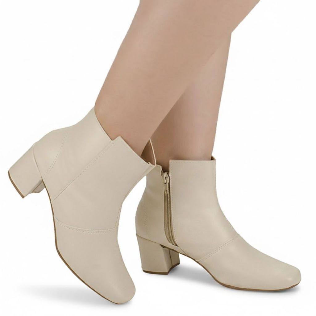 Bota Feminina Salto Grosso Cano Curto com Ziper Bico Quadrado Botinha Fashion 202-01
