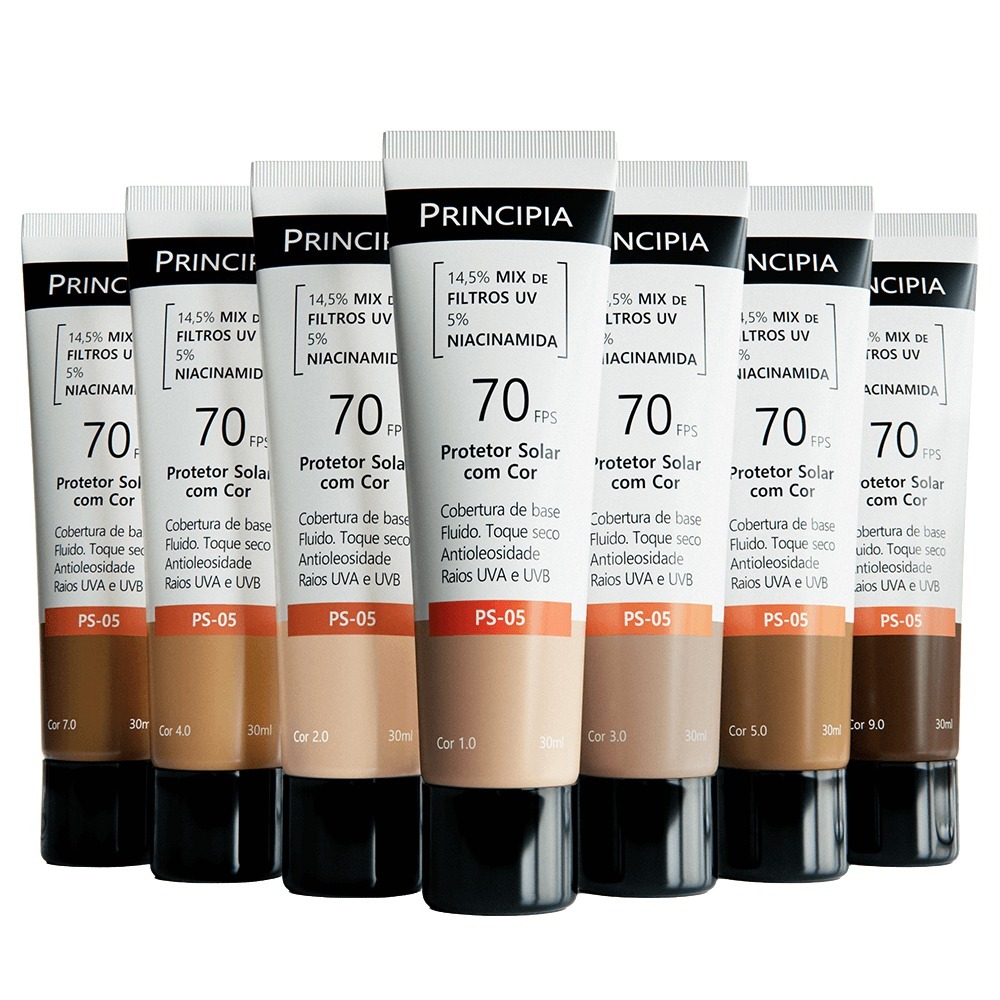 Protetor Solar Facial Principia Com Cor FPS 70 PS-05 Cobertura de Base Antioleosidade 30ml - Várias Cores