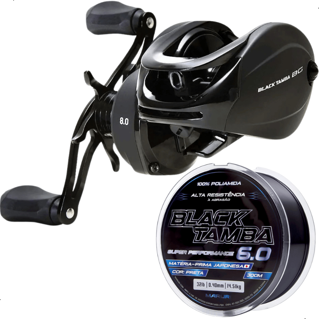 Kit Carretilha Maruri Black Tamba BG 11Rol. Esquerda + Linha Mono Black Tamba 0,40mm 300m