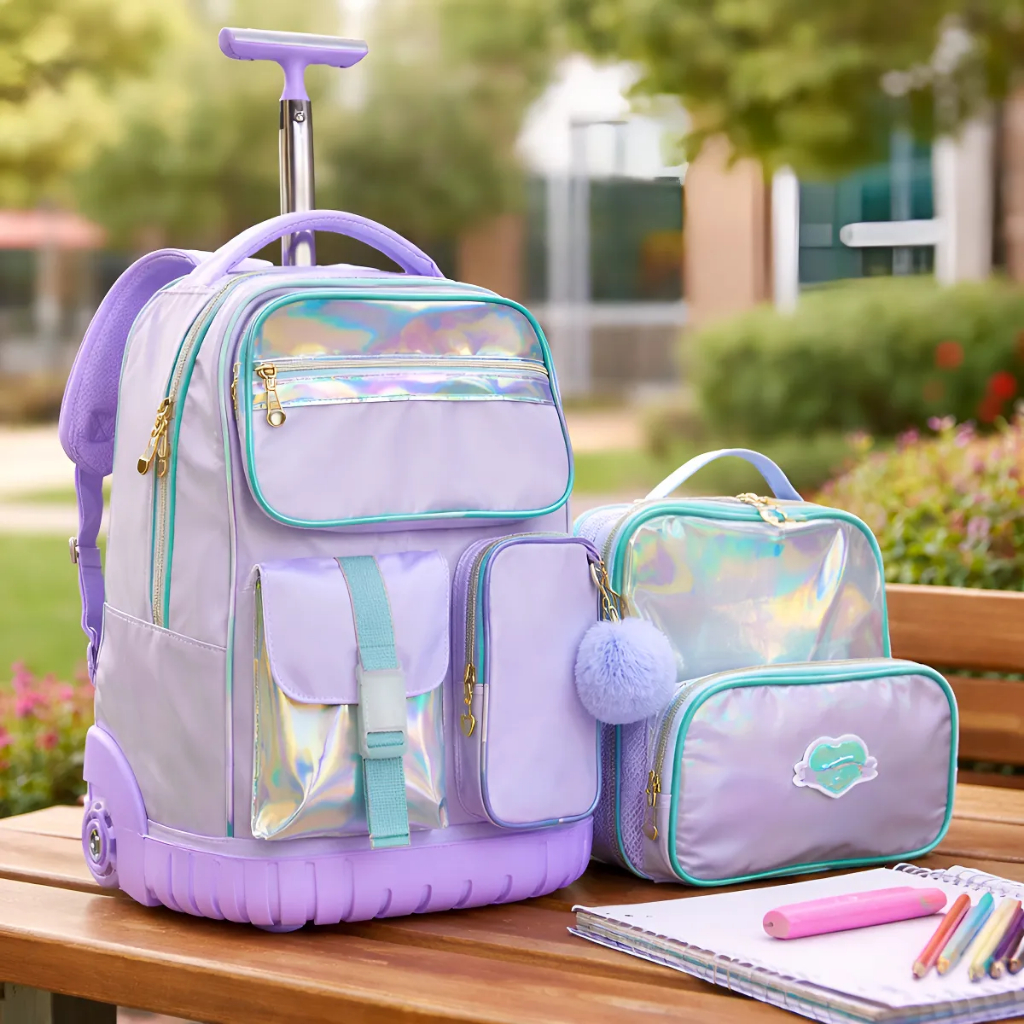 Kit Mochila Escolar Feminina C/ Rodinhas Fashion Holográfica