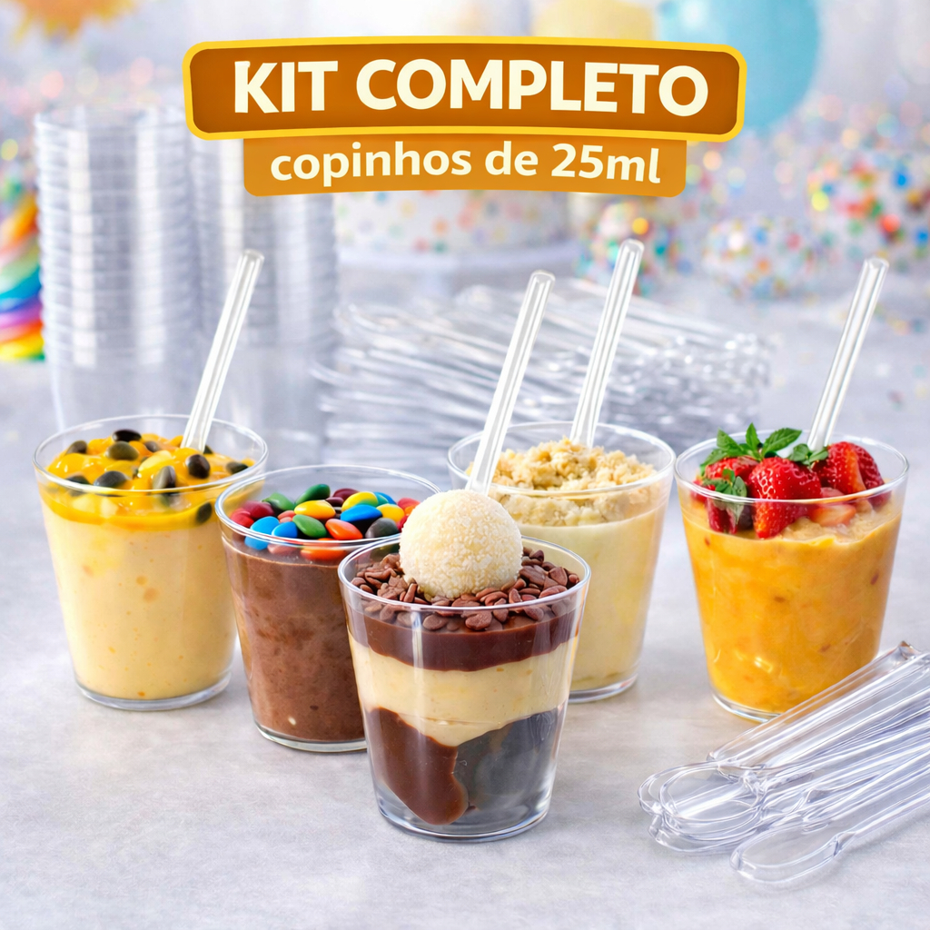 50|100|150|200|300 Mini Copinho de sobremesa 25ml + Mini Colher Copinho para Doces Mousse Brigadeiro