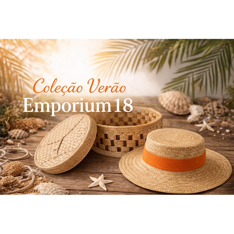 Chapéu Riviera Emporium 18 Palha Artesanal Premium | Verão Praia Resort | 4 Cores acompanha cesto.