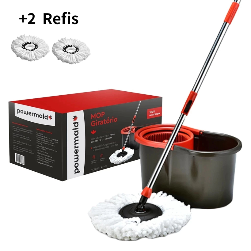 Mop Giratório 360° Multiuso Ajustável com Alça Extensível e Rodinhas 9 litros Mop Limpeza com 2 refils