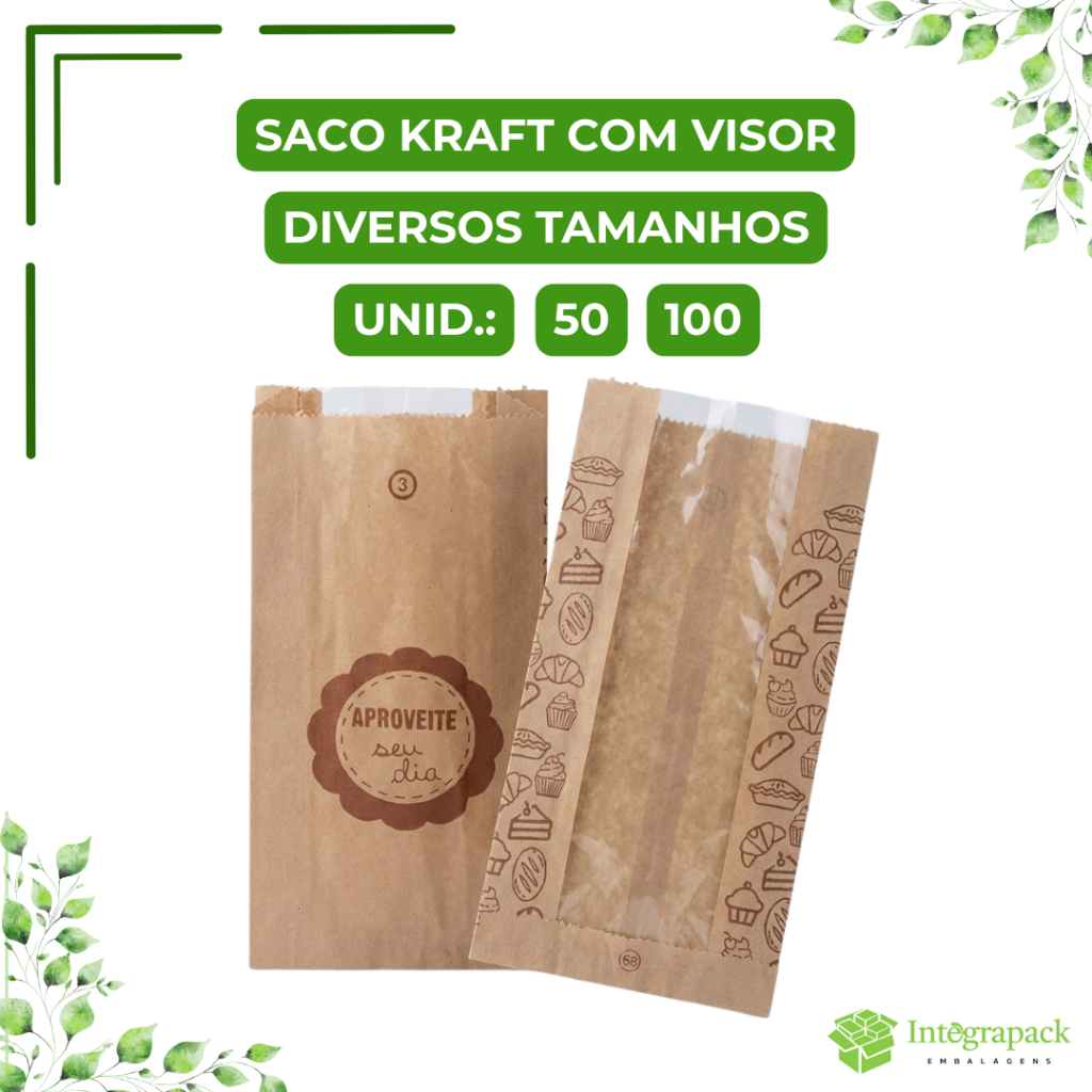 Saco Kraft com Visor 50 ou 100 Unidades Embalagem Papel Kraft Alimentos Padaria Confeitaria Delivery