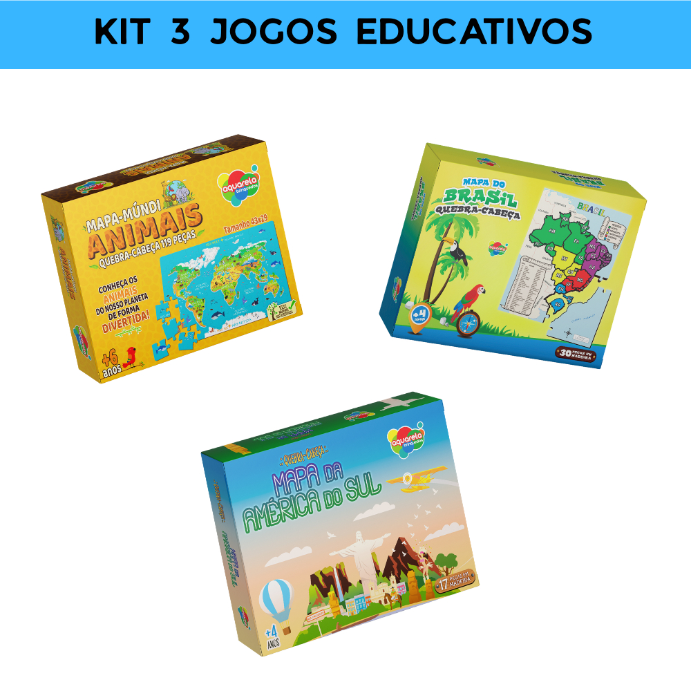 Kit 3 Jogos Infantis Educativos - Mapa-Mundi Animais, Mapa da América do Sul, Mapa Brasil - Quebra-Cabeças