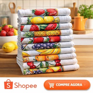 Kit 5 ou 10 Pano de Prato Branco Estampado 100% Algodão com Bainha em Oferta na Shopee