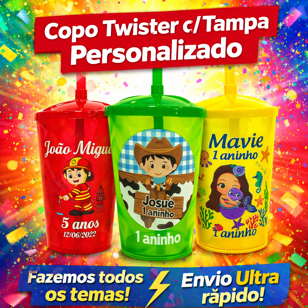 Kit Copo Twister 300ml Tampa e Canudo Personalizado Evento Festa Infantil Aniversário Lembrancinha