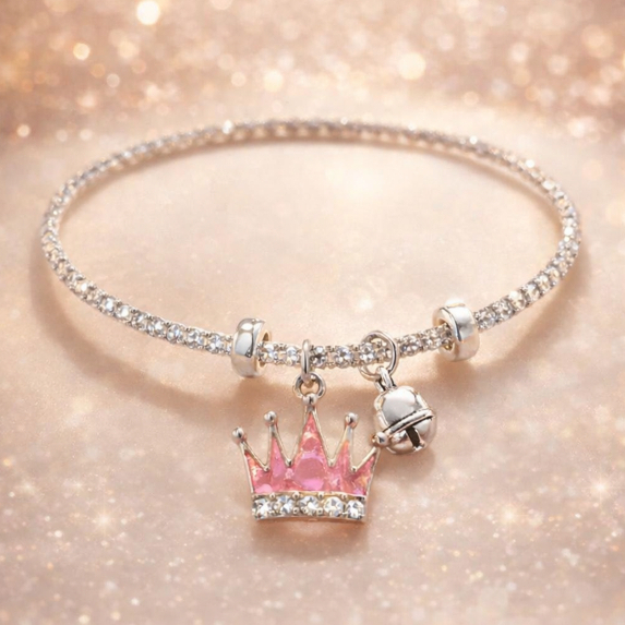 Pulseira Infantil Pingente Dourado Prateado Regulagem Criança Coroa Brilho Sino