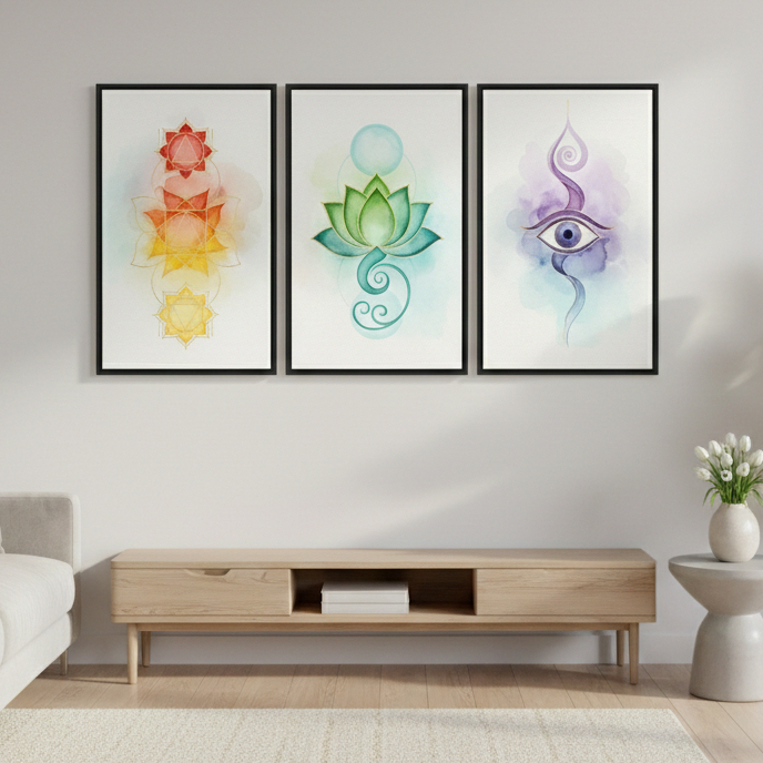 Imagem Tríptico Decorativo Chakras Espiritual | Quadros Zen Yoga Meditação Harmonia