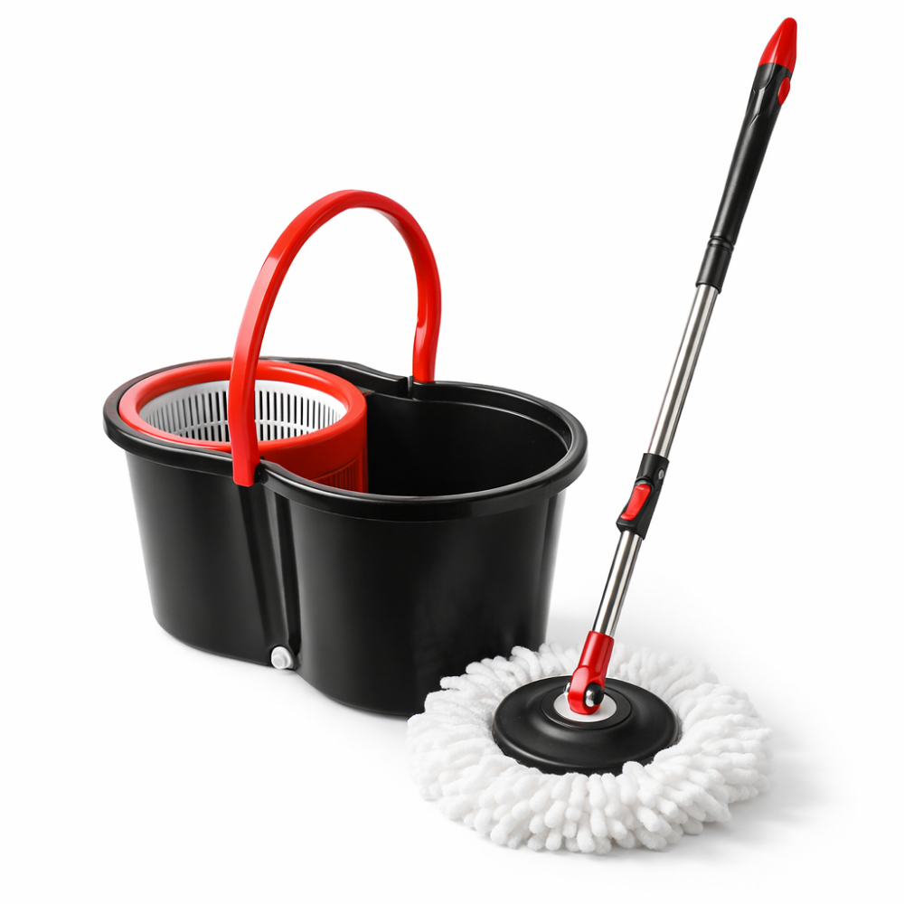 Mop Giratório 12L com Balde Centrífuga Cesto Plástico Cabo Metal 82–110cm Esfregão 26cm
