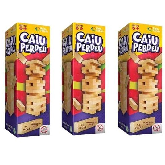KIT 1 a 3 Jogo Caiu Perdeu Pais & Filhos de Madeira Jogo da Torre de Madeira 54 Peças Desenvolve Coordenação Motora