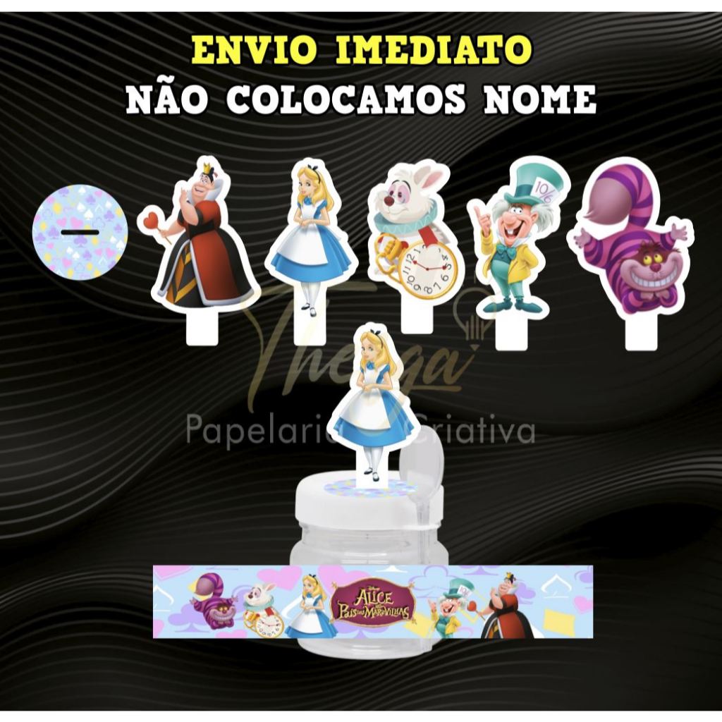 Rótulo Adesivo + adesivo tampa + aplique para potinho 40gr. (mini nutella) - Alice no País das Maravilhas