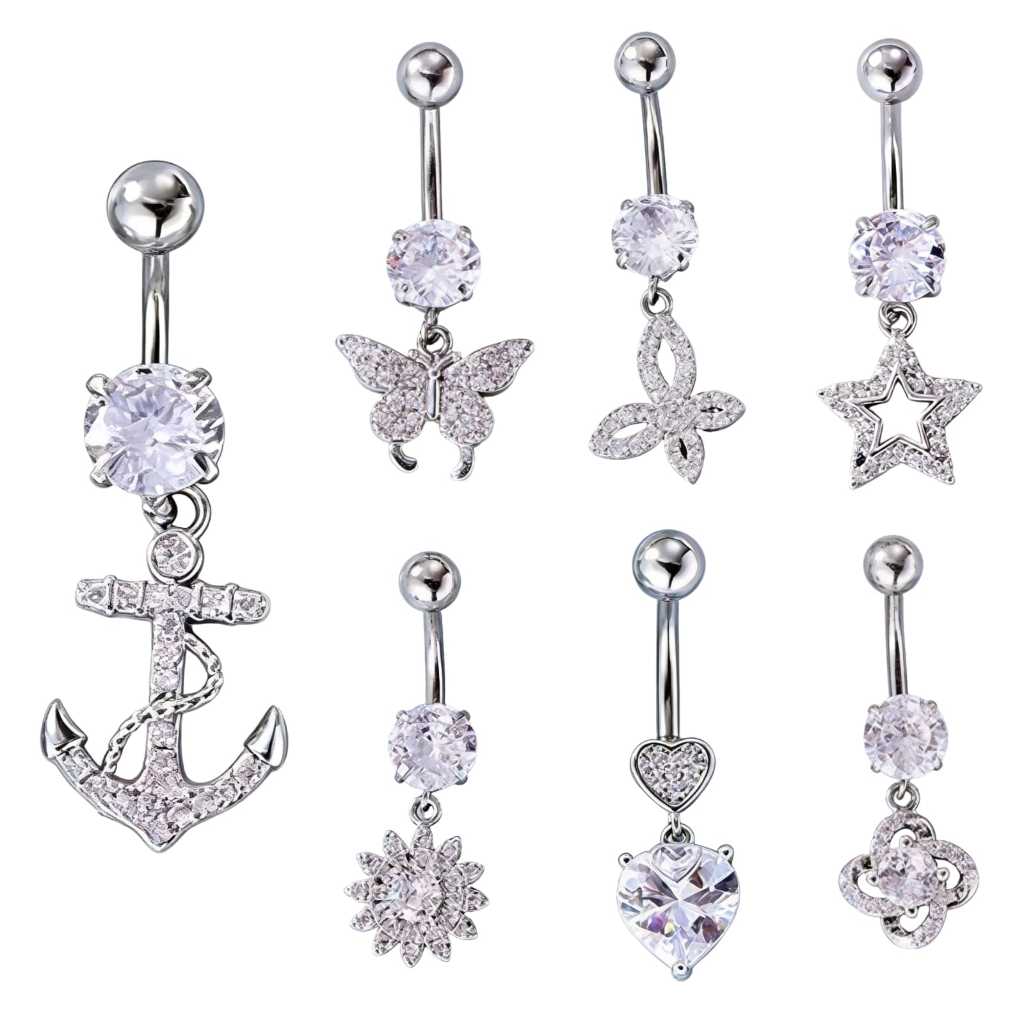 Piercing de Umbigo com Pingente de Âncora, Flor e Estrela - Aço Inoxidável