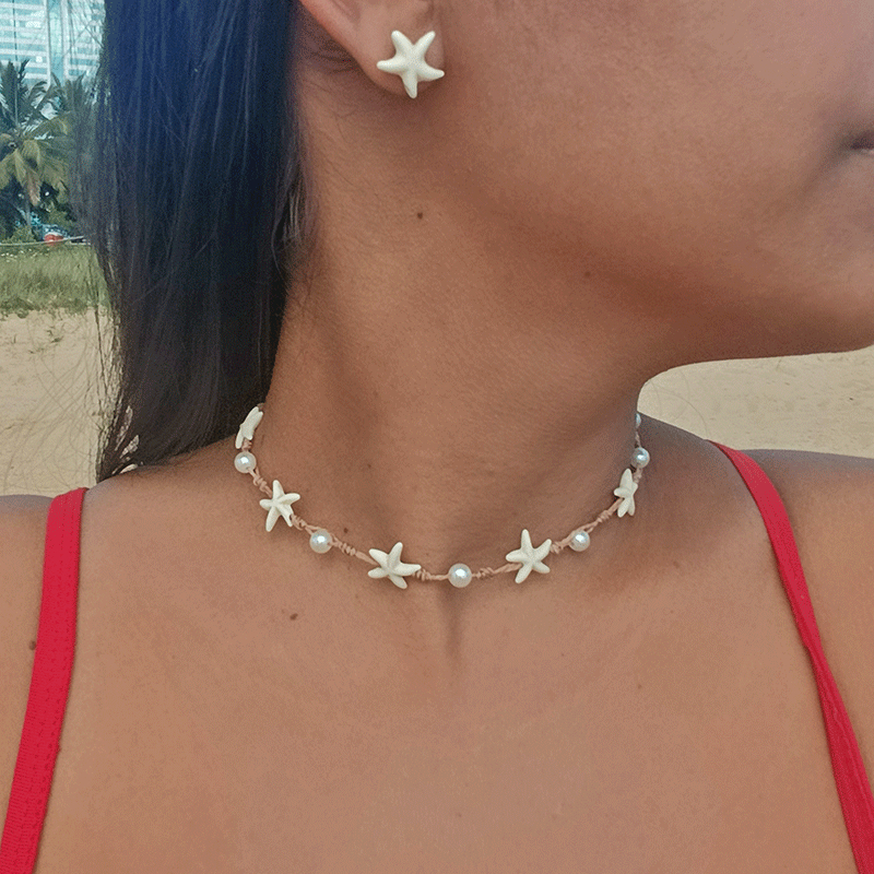 Kit colar e brinco estrelas pérolas choker ajustável verão moda praia feminino piscina 2 peças praiano conjunto