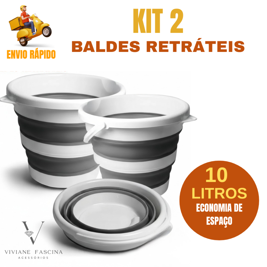 Kit 2 Baldes Retráteis Dobráveis Portáteis Multiuso Limpeza Camping Praia e Carro