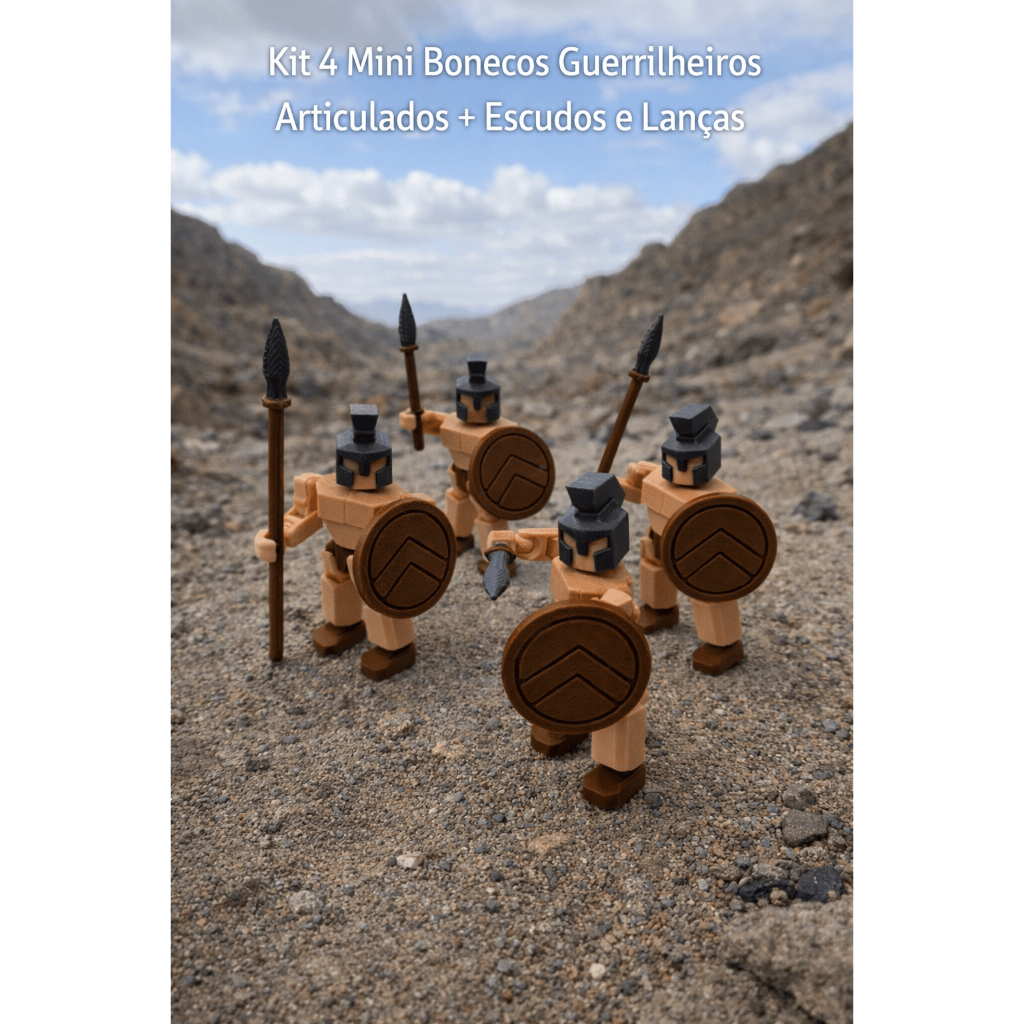 Kit 4 Mini Bonecos Guerrilheiros Articulados + Escudos + Lanças - Impressão 3D