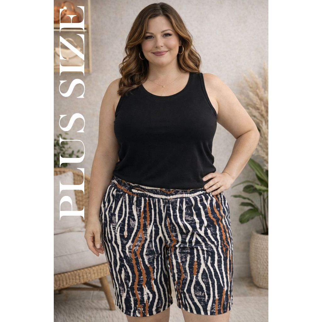 Bermuda Plus Size Feminina Estampada com Cós Elástico e Bolso em Oferta na Shopee