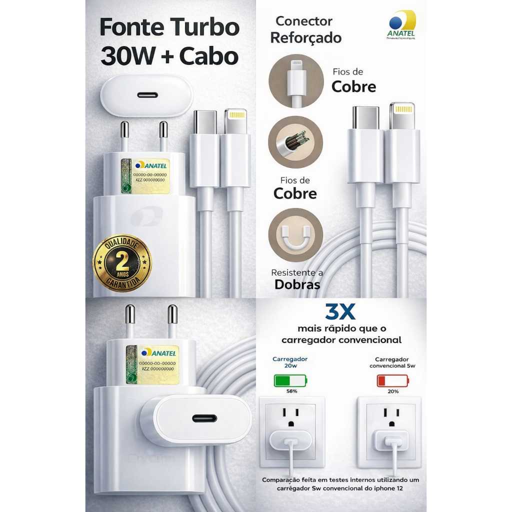 Carregador Turbo Para iPhone 8 Plus X Xr 11 12 13 14 Pro Max Cor Ice White