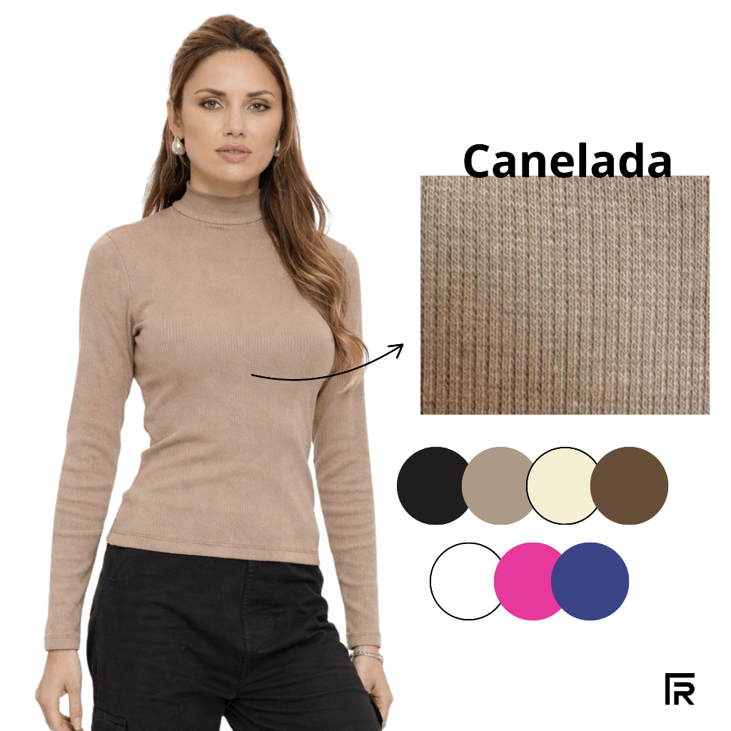 Blusa Manga Longa Gola Alta Cacharrel Canelada Feminina Básica 505245-C1 em Oferta na Shopee