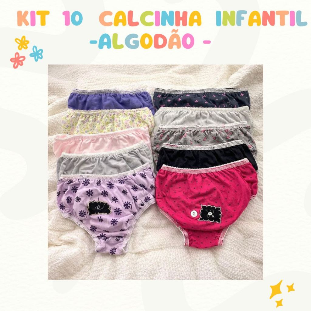 10 Calcinha Infantil Menina 100% Algodão Estampada Lisa com Elástico Conforto