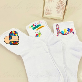 Meia Branca Cano Alto Personalizada Autismo Kit 03un em Oferta na Shopee