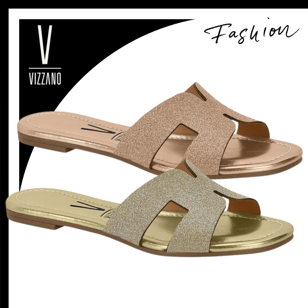 Sandália Rasteira Feminina Vizzano Metalizada Tira em H com Glitter Confortável Casual Original em Oferta na Shopee