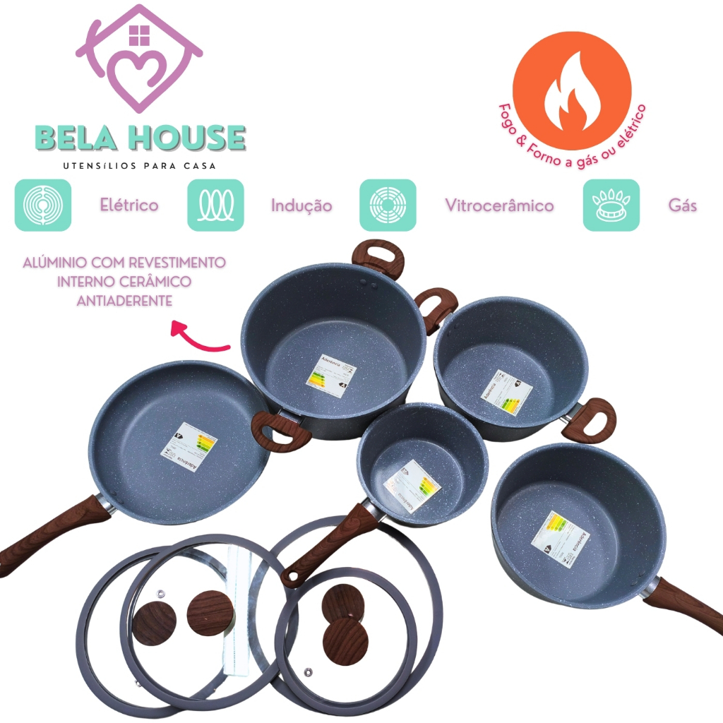 Jogo de Panelas Legacy Antiaderente Revestimento Cerâmico 5 Peças Tampa de Vidro