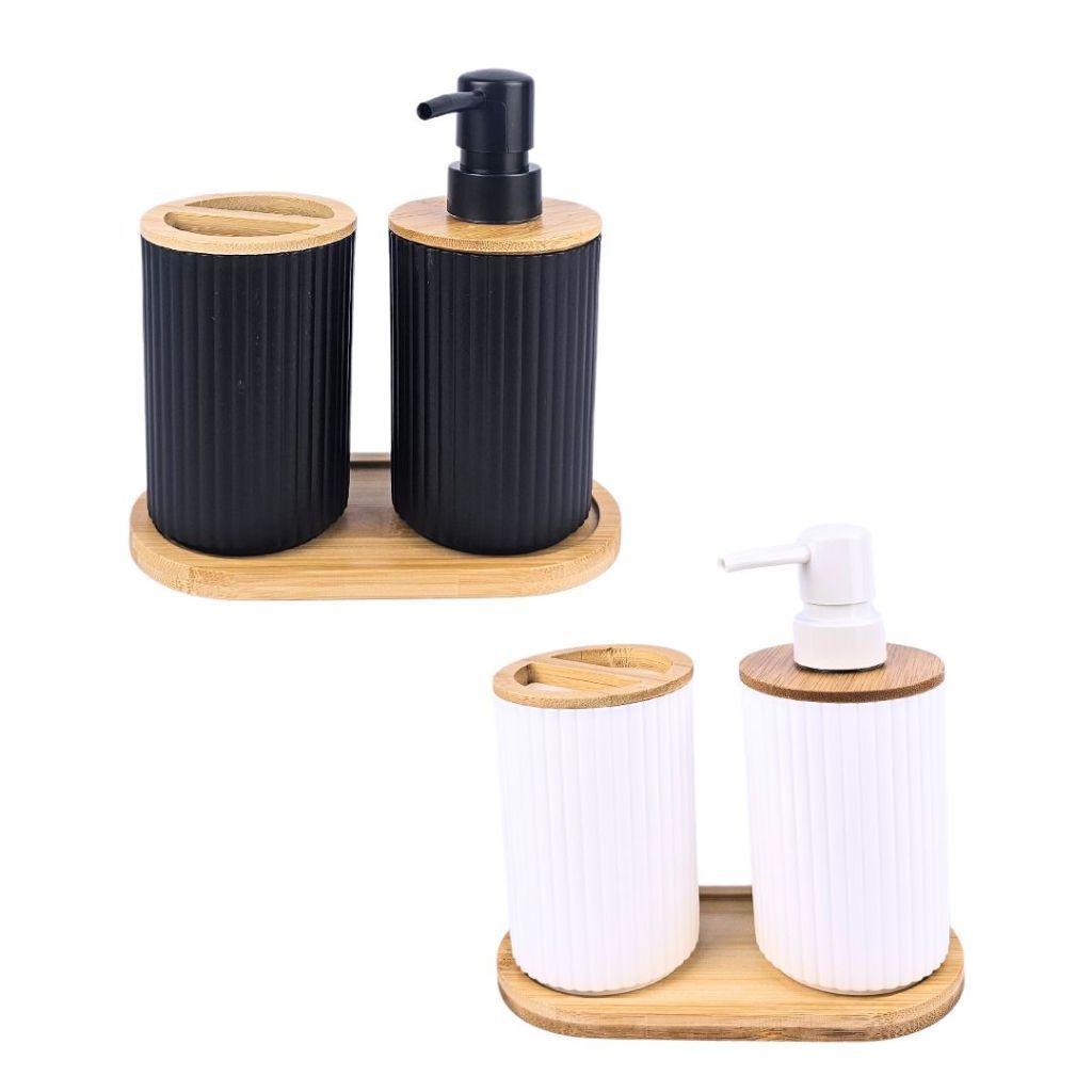 Kit Lavabo Preto 3 Peças com Bandeja de Bambu Porta Sabonete e Porta Escova ENVIO IMEDIATO em Oferta na Shopee